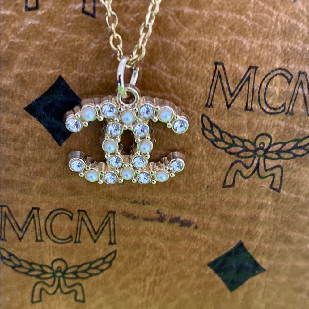 CHANEL Gold and White Crystal CC Necklace